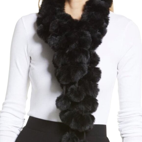 Genuine Black Rabbit Fur Pom Pom Ball Scarf Luxury Soft Old Money Glam Formal - Picture 1 of 7